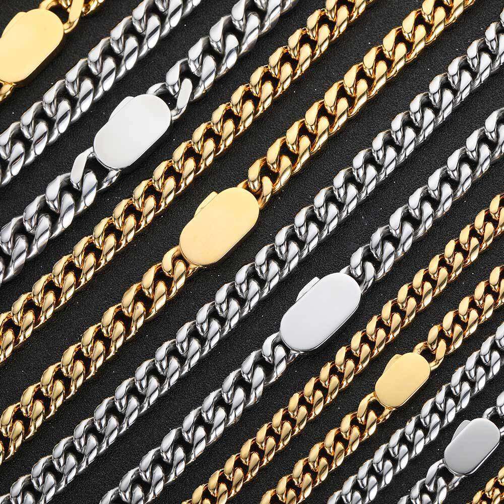 Hip Hop Stainless Round Polished Encrypted Cuban Single Side Spring Clasp Titanium Steel Jewelry Men's Necklace f0fe