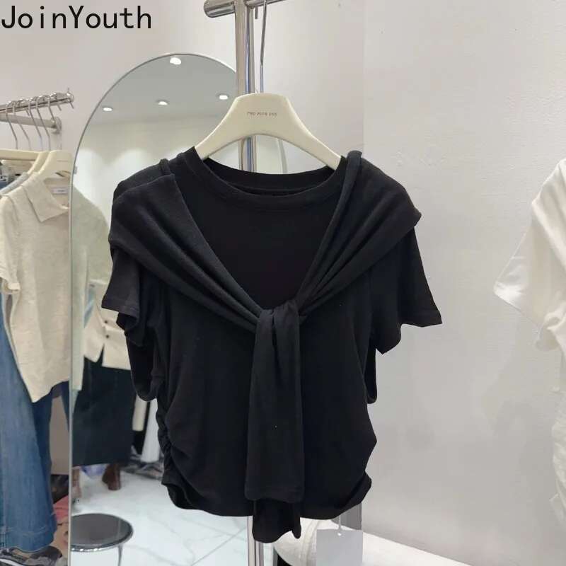 Chic Fake Two Tshirts Women Clothes Fashion White Camisetas 2025 Ropa Mujer Bandage Casual Folds Summer T-shirt Tops Korean Tees