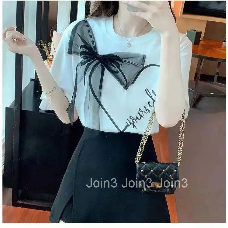 White Tshirts for Women Summer Camisetas Short Sleeve O-neck Sweet Bow Tees Y2k Tops Fashion Casual T Shirts 2025 Ropa Mujer