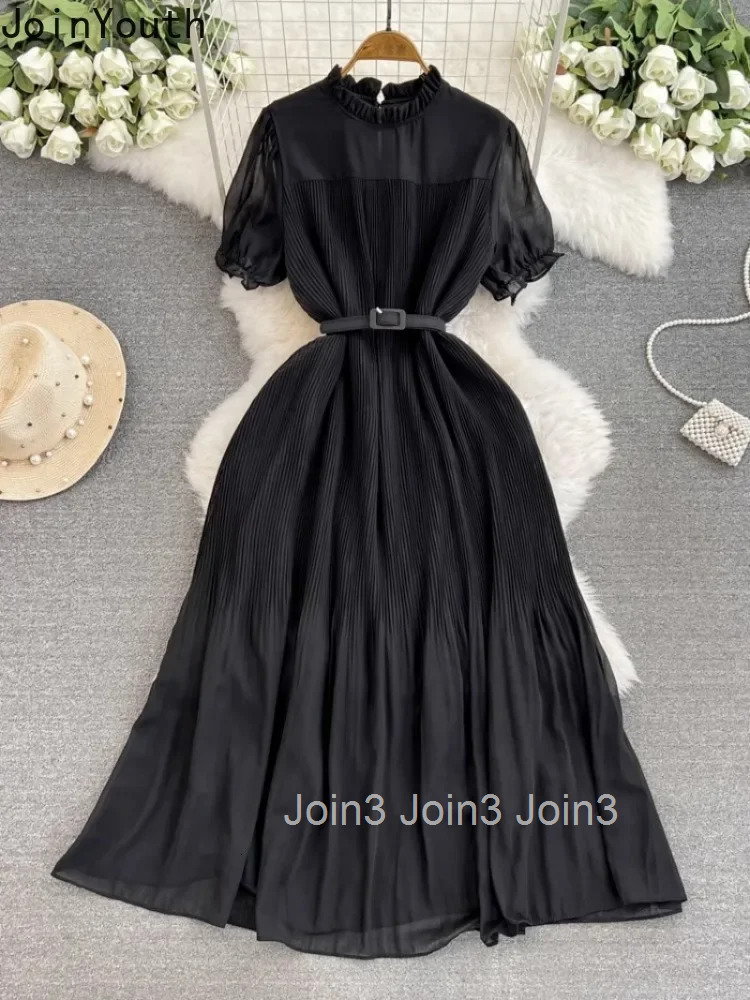 Elegant Vintage O-neck Chiffon Dresses Summer New Black Dress for Women Y2k Mid-length Slim Waist Korean Vestidos De Mujer 2025