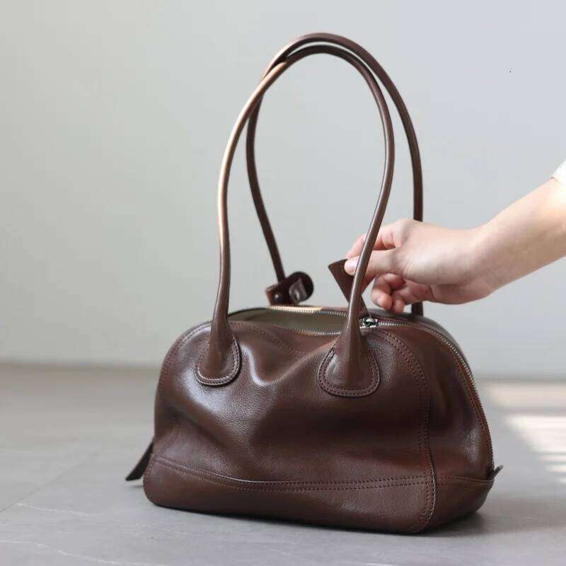 Women's Genuine Leather Vintage Zipper Handbag Small Size Tote Real Cowhide Singel Shoulder Bags
