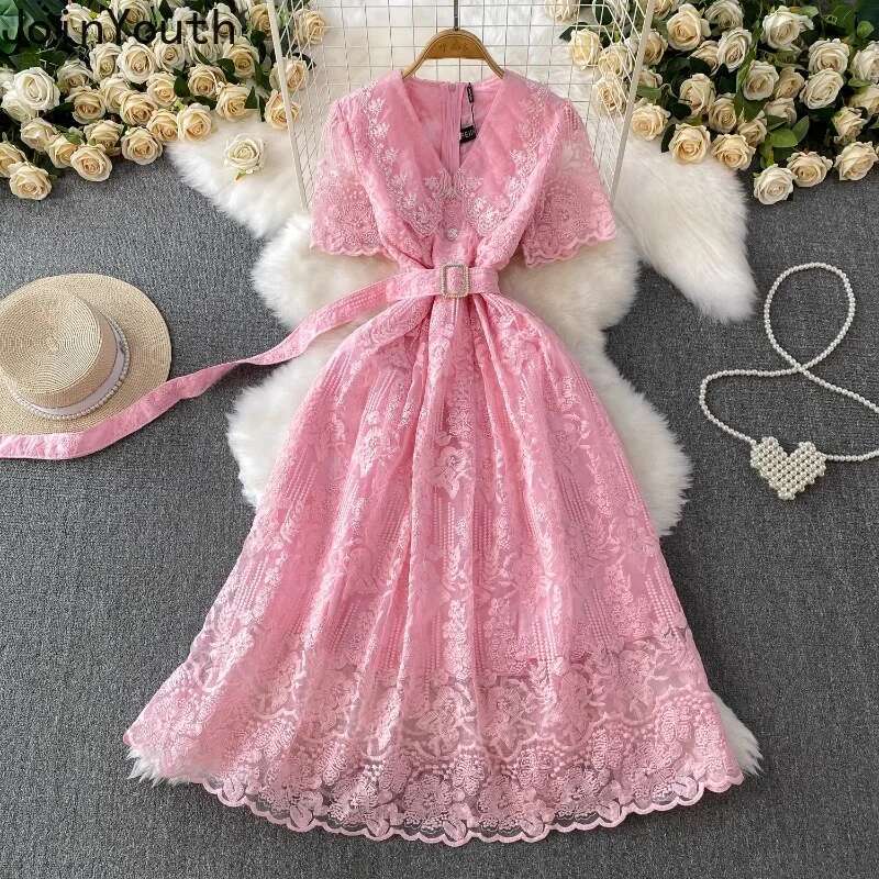 Temperament Robe Femme Summer Elegant Dresses for Women 2025 Vestidos De Mujer V-neck Short Sleeve Tunic Lace Beading Maxi Dress