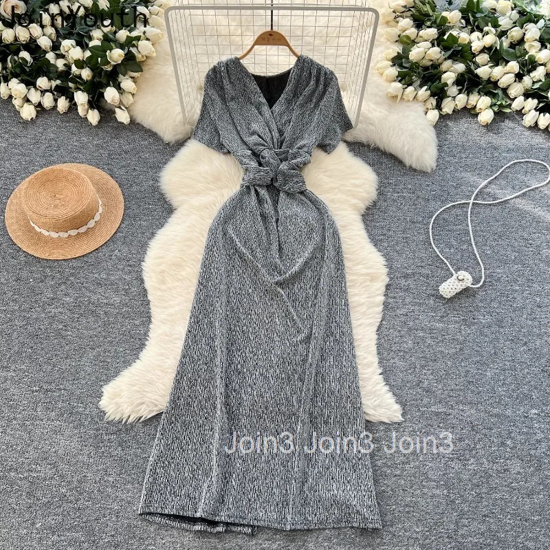 Summer Woman Dress Short Sleeve V-neck Tunic Korean Robe Femme High Waist Diamond Split Bodycon Dresses 2025 Vestidos De Mujer