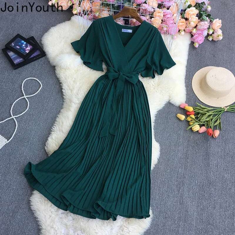 Maxi Dresses for Women V-neck Korean Vintage Long Robe 2025 Vestidos De Mujer Bandage Dress Fashion Pleated Summer clothes