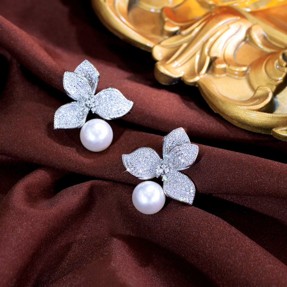 Choucong Ins Top Sell Luxury Jewelry 925 Sterling Silver Pave White Zircon Large Pearl CZ Diamond Party Stylish Women Wedding Flower Bridal Stud Earri