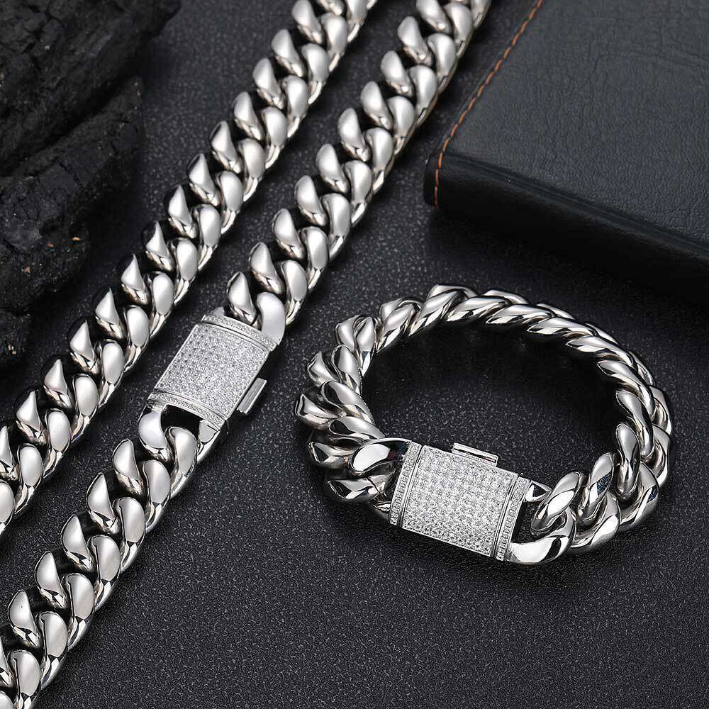 Jewelry Stainless Steel Miami Hip Hop Cuban Chain Zircon Flip Clasp Men's Necklace Bracelet 8c01