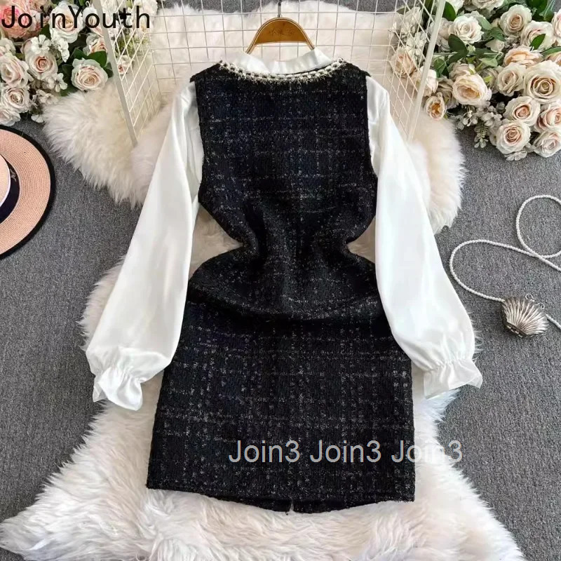 Dresses Outfits Korean Vintage Two Piece Sets Womens Clothes Bandage Bow Long Sleeve Shirt Woolen Sleeveless Plaid Dress Suit