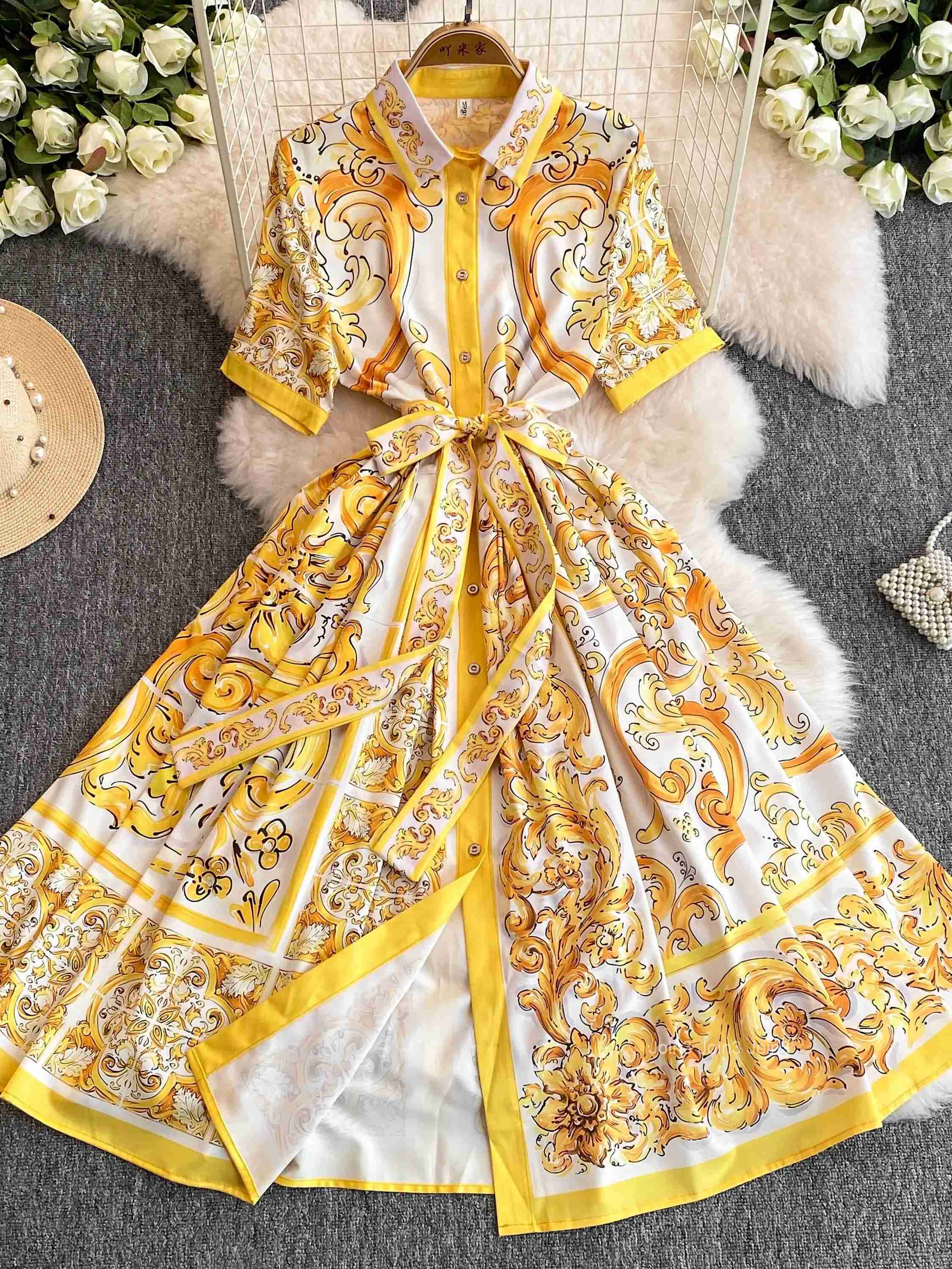 Summer Dress Women Tunic Floral Big Swing Temperament Robe Femme 2025 Vestidos De Mujer Short Sleeve Single Breasted Maxi Dress