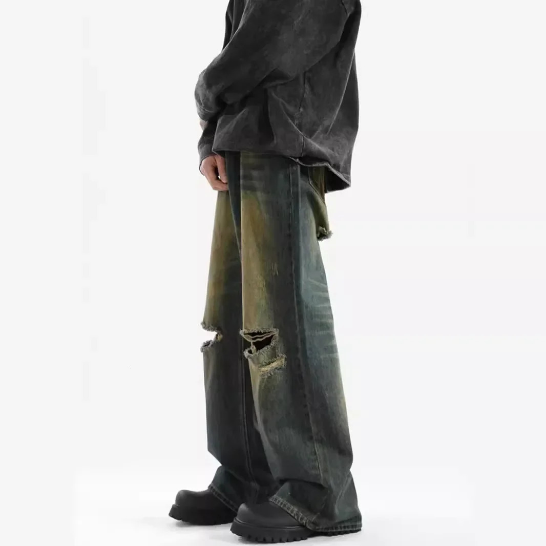 Vintage Hemp Stained Ripped Jeans Mens Summer Trendy Punk Cool Loose-fit Straight-leg Pants Sensibility Floor Pants 250617