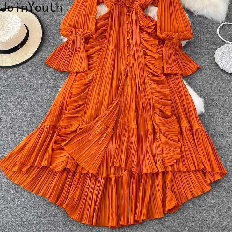 Maxi Pleated Dresses for Women Slim Waist Red Big Swing Robe Femme 2025 Vestidos De Mujer V-neck Ruffles Irregular Vintage Dress