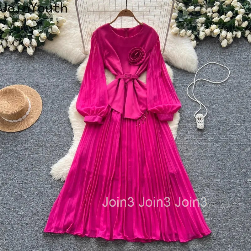 Vintage Summer Dress O-neck Lantern Sleeve Temperament Robe Femme 2025 Vestidos De Mujer High Waist Big Swing Pleated Dresses