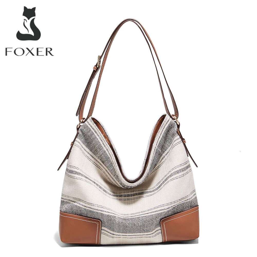 FOXER Women Fabric Tote Handbag Fashion Lady Shoulder Large Capacity Hobo Bucket Bag Chrismas Gift