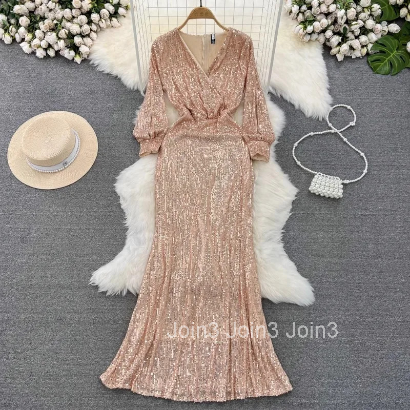 2025 Vestidos De Mujer Party Dresses for Womens V-neck Lantern Sleeve Tunic Temperament Robe Femme Sequin Bodycon Maxi Dress