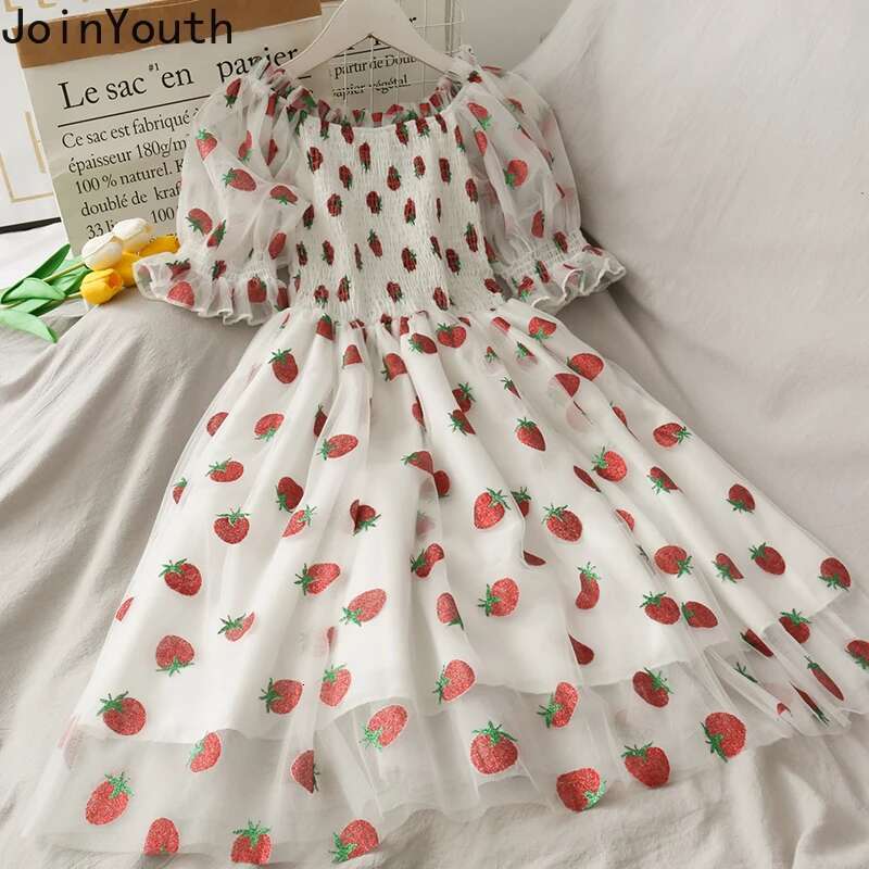 Joinyouth 2025 Summer Dress Women Strawberry Dresses Korean Sequined Gauze Vestidos Slash Neck Ruffles Robe Fashion Party Dress