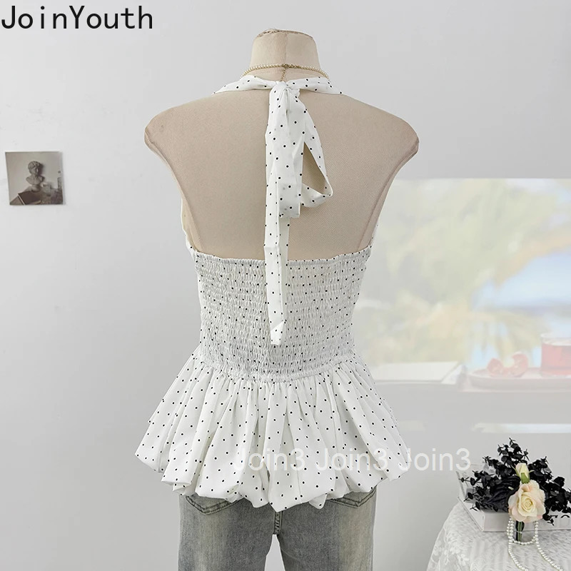 Polka Dot Tanks Women Clothing Sleeveless V-neck Backless Tees 2025 Ropa Mujer Bandage Ruffles Chic Camis Sexy Summer Vest Tops
