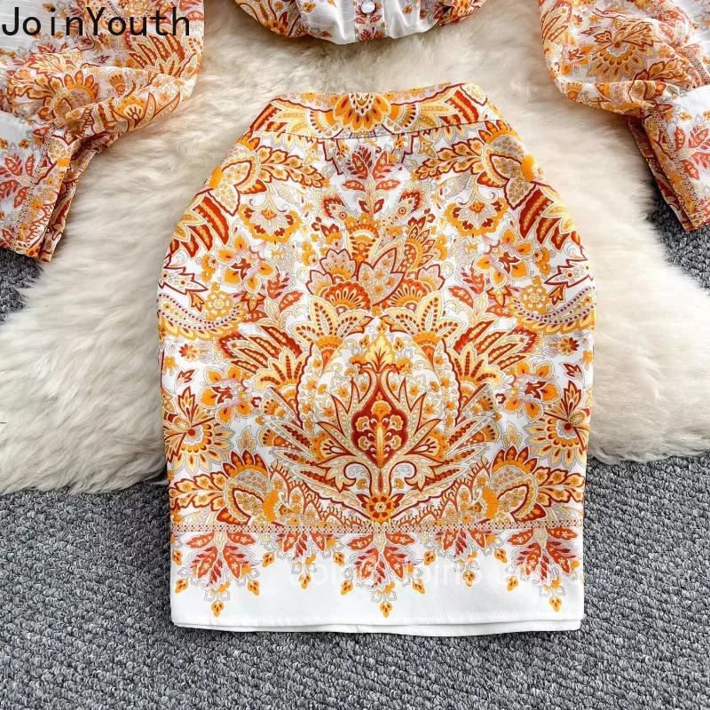 Women Clothing Skirt Outfits Two Piece Set Stand Neck Long Sleeve Blouse High Waist Bodycon Mini Skirts Sets Vintage Print Suit