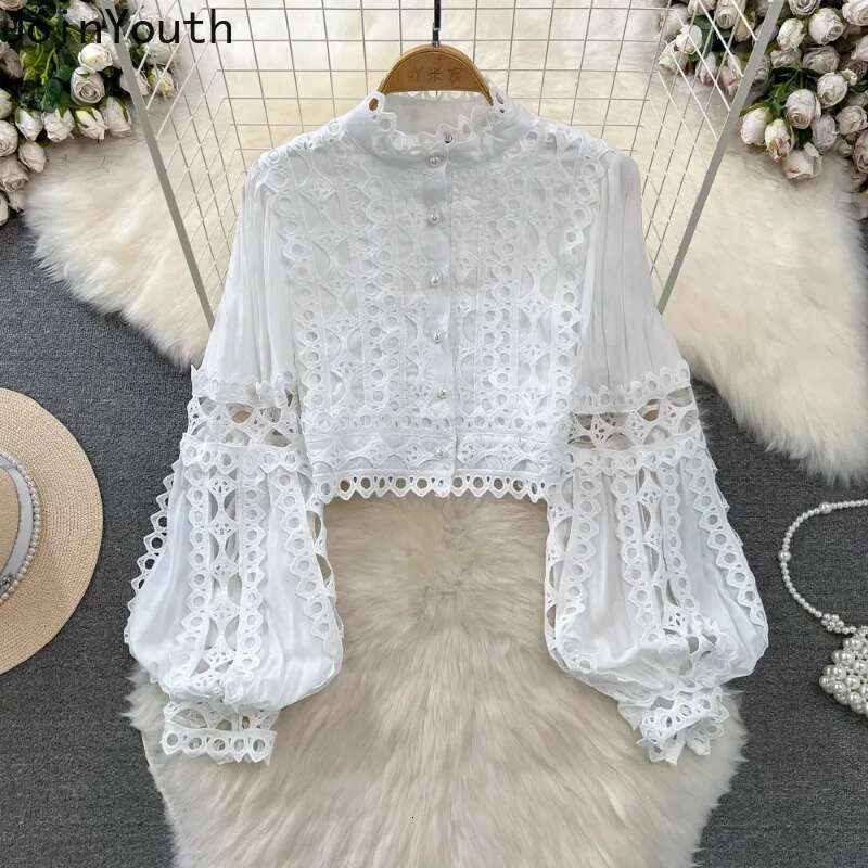 Skirt Outfits Women Clothes Two Piece Sets Lantern Sleeve Stand Neck Shirt High Waist A-line Suit Hollow Out Lace Chic White Set