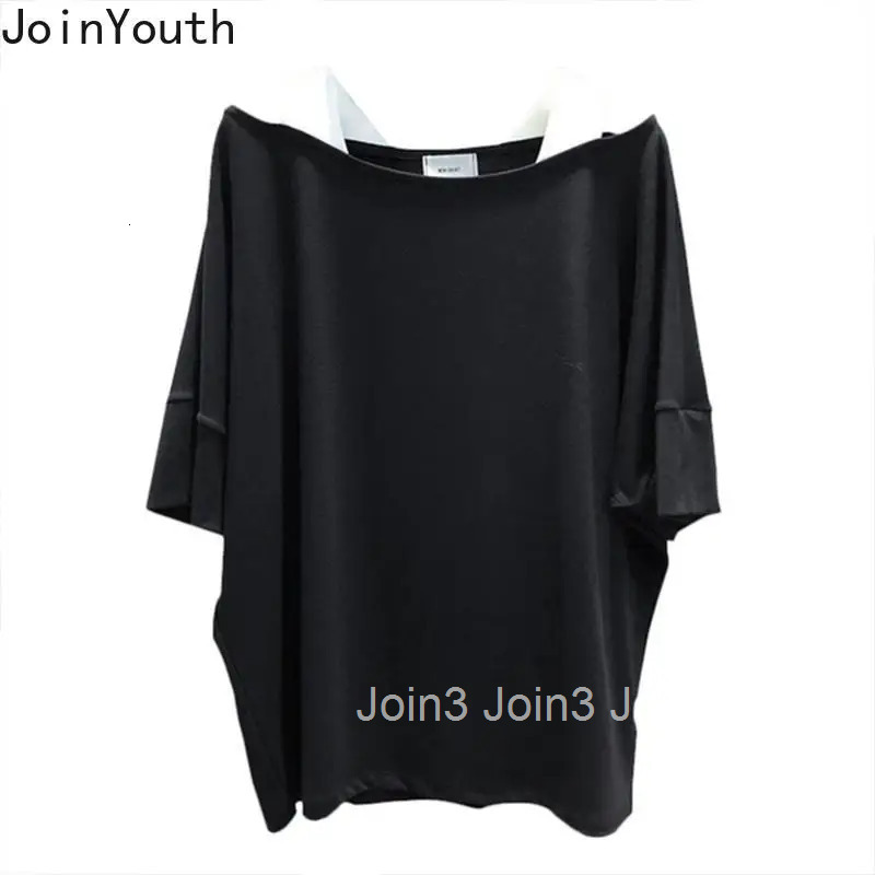 Fake Two T Shirts for Women Summer Fashion Tees Oversized T-shirt Y2k Tops 2025 Ropa Mujer Slash Neck Casual Korean Camisetas
