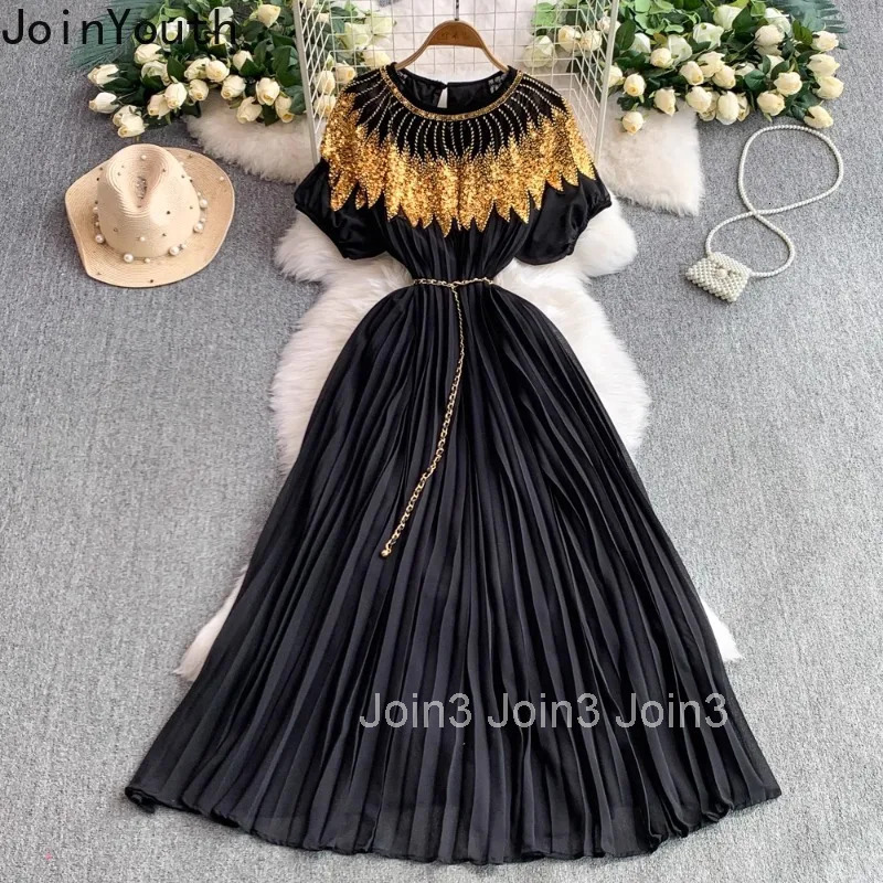 Temperament Robe Femme Heavy Sequin Summer Dresses Women Clothing 2025 Vestidos De Mujer O-neck Short Sleeve Pleated Maxi Dress