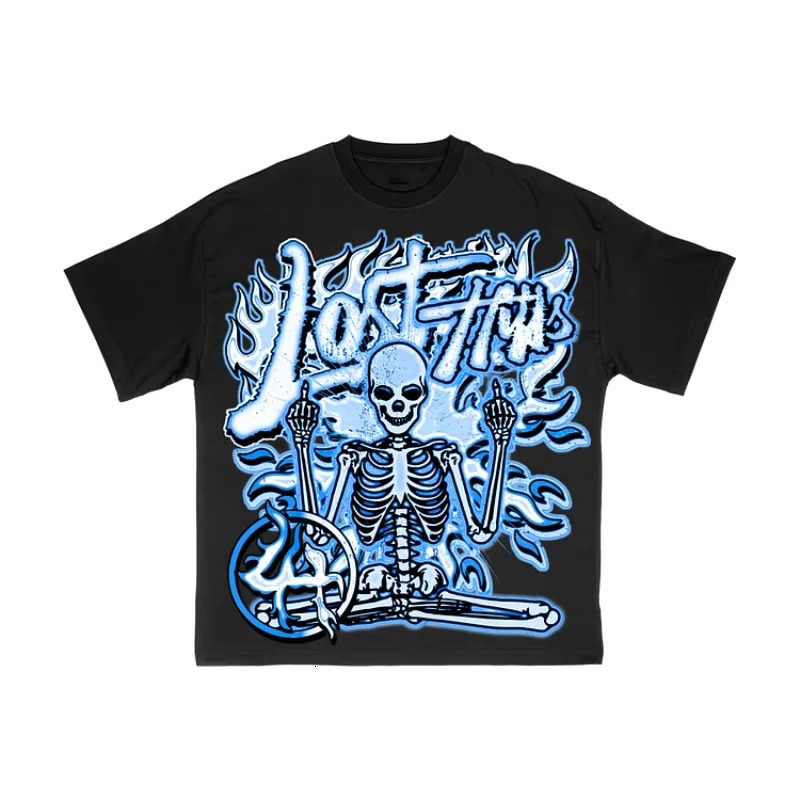 25Retro Lost in The Hills Flame Skull Graphics Cotton Short Sleeve TShirt Men Y2K Vintage Oversize Tshirt Streetwear Women Tops 250614