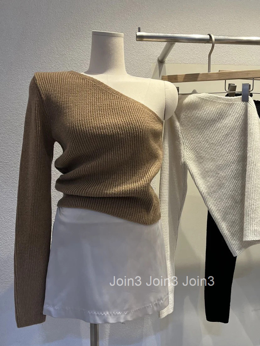 Knitwear Sweater Women Clothes Fashion Irregular Off Shoulder Jumper Y2k Tops Solid Color Long Sleeve Sexy Pullovers Pull Femme