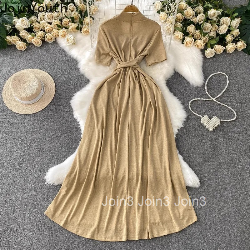 Maxi Dress for Women Bandage Slim Waist Tunic Robe Femme V-neck Short Sleeve Big Swing Summer Dresses 2025 Vestidos De Mujer