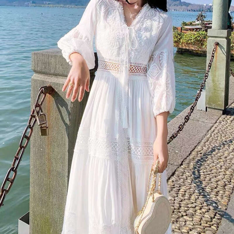 White Skirt Maxi Skirt Yunnan Style Fairy Spring Summer White Sweet French Puff Sleeve Over The Knee Long Beach Outing Dress Long Skirt