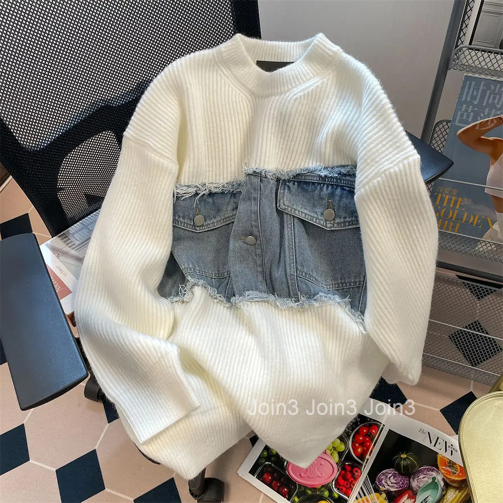 Streetwear Oversized Pullovers Women Clothing Patchwork Denim Casual Jumper Sueter Mujer Vintage Fashion Knitted Sweater Coat