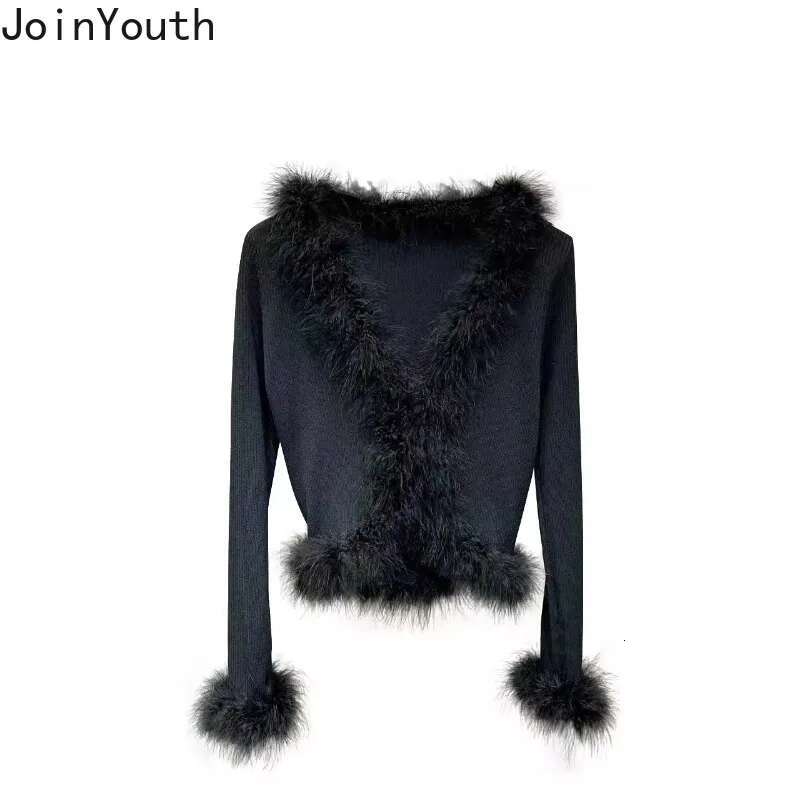 Cropped Cardigan Womens V-neck Long Sleeve Tunic Pull Femme Slim Waist Patchwork Feather Knitted Cropped Sweater Sueter Mujer