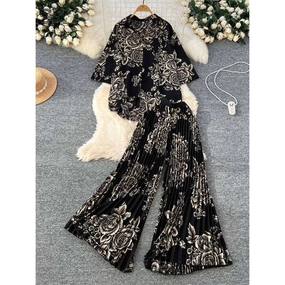 Designer Leisure High Quality SINGREINY Spring Print Two Pieces Suits Single Breasted Turn-down Collar Tops+Pleated Long Pants Women Streetwear Casual