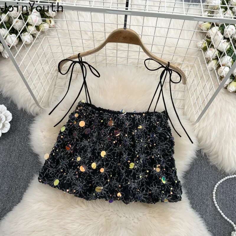 Sexy Crop Tops 2025 Women Clothing Sequin Suspender Vest Female Backless Summer Y2k Top Korean Tanks Fashion Camis Ropa Mujer