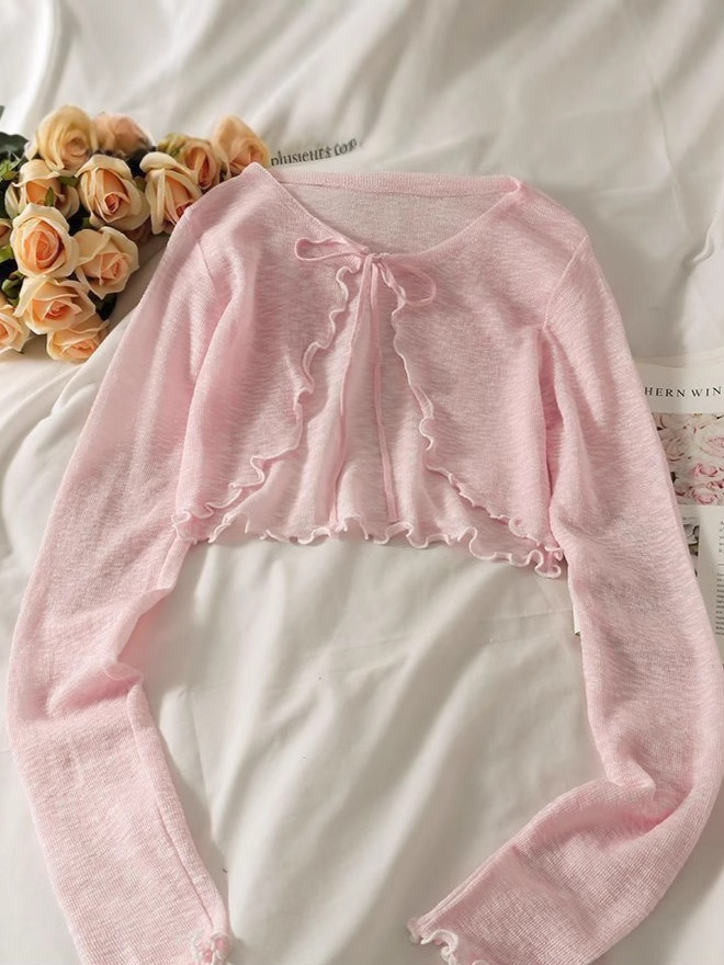K1101 White chiffon cardigan women's thin shawl small outer cover summer sun protection clothing tulle jacket with suspenders skirt