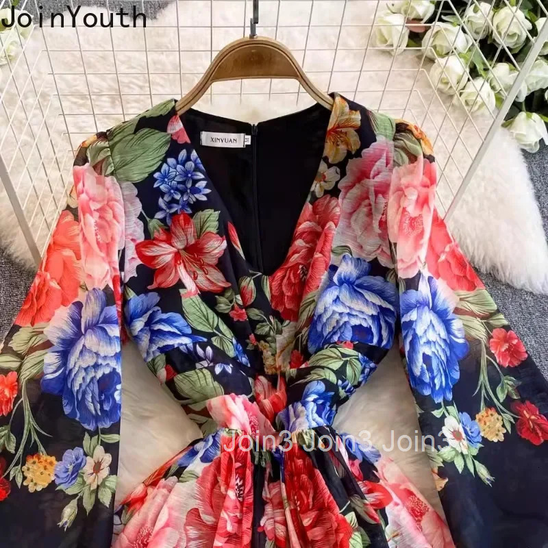 Elegant Floral Dress for Women 2025 Vestidos De Mujer V-necklantern Sleeve A-line Robe Femme Vintage High Waist Maxi Dresses