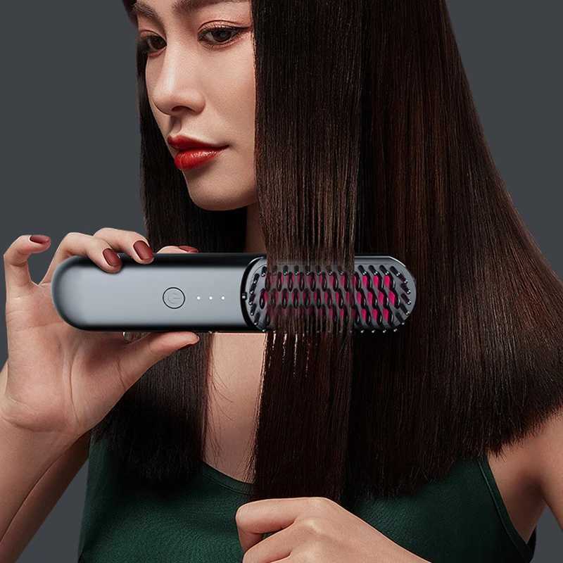 3 Temp Adjustable Hair Straightener Brush Fast Heating Rechargeable Cordless Electric Fluffy Curly Hair Styling Detangling CombXJ250621