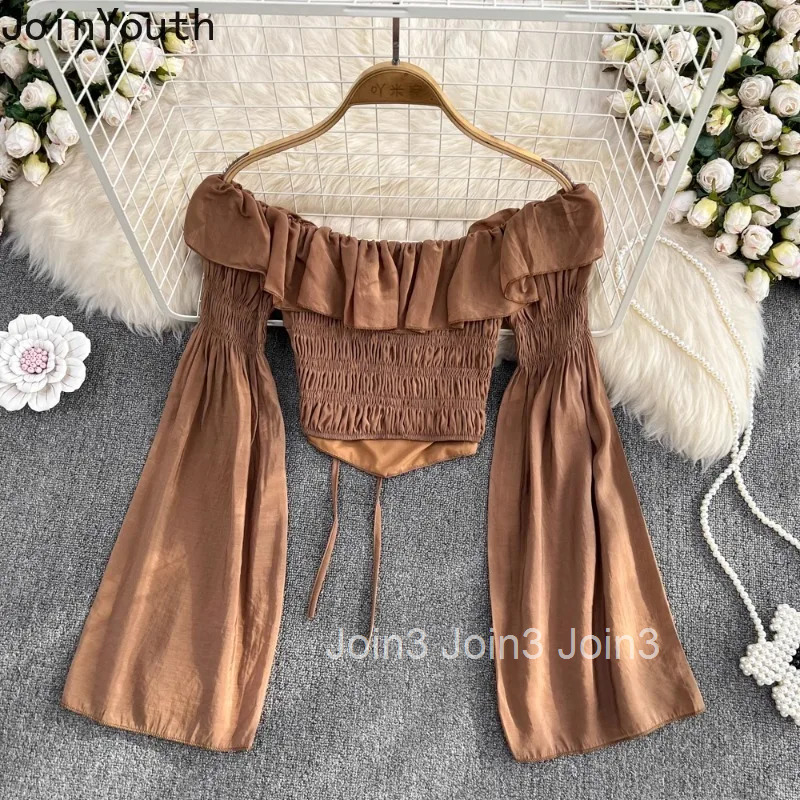 Crop Tops Solid Color Sexy Blouses Womens Clothing 2025 Blusas Mujer De Moda Slash Neck Flare Sleeve Bandage Chic Blouse Shirts