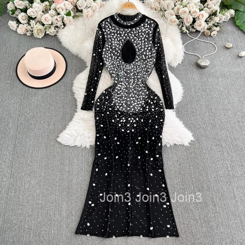 Party Dress Women 2025 Vestidos De Mujer O-neck Long Sleeve Hollow Out Temperament Sexy Robe Femme Bodycon Diamond Maxi Dresses