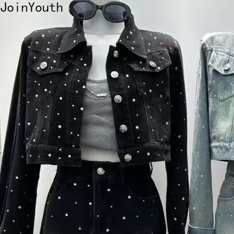 Korean Two Piece Sets Womens Outfits Temperament Crop Coat High Waist Bodycon Mini Skirt Suit Roupas Femme Diamond Denim Set