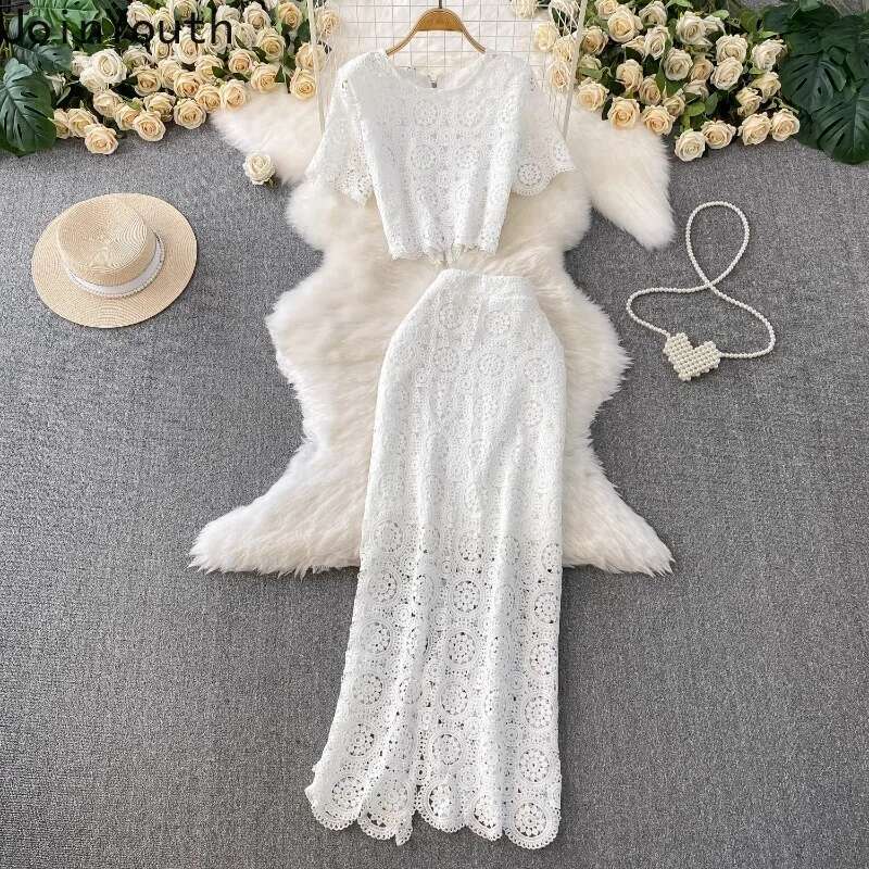 Skirt Suit 2 Piece Sets Women Outfits Summer Clothing O-neck Short Sleeve Crop Tops Bodycon Tunic Skirts Hollow Out Korean Set