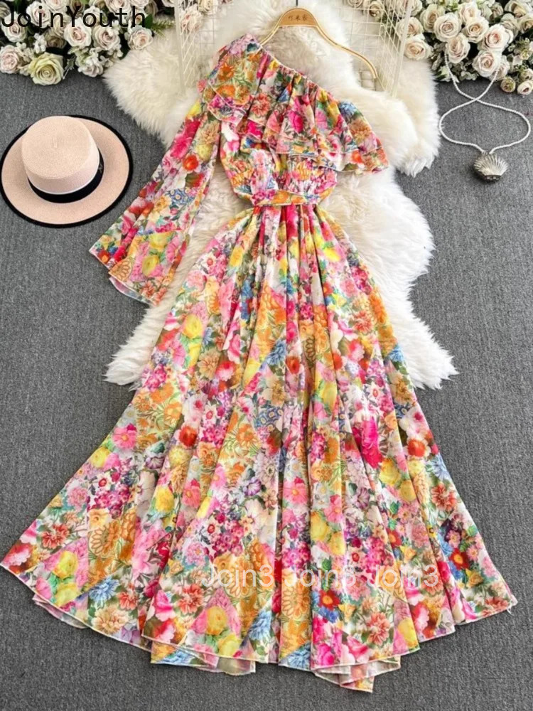 Summer Dress Womens Clothing Floral Flare Sleeve Vintage Robe Femme Off Shoulder Bohemian Maxi Dresses 2025 Vestidos De Mujer