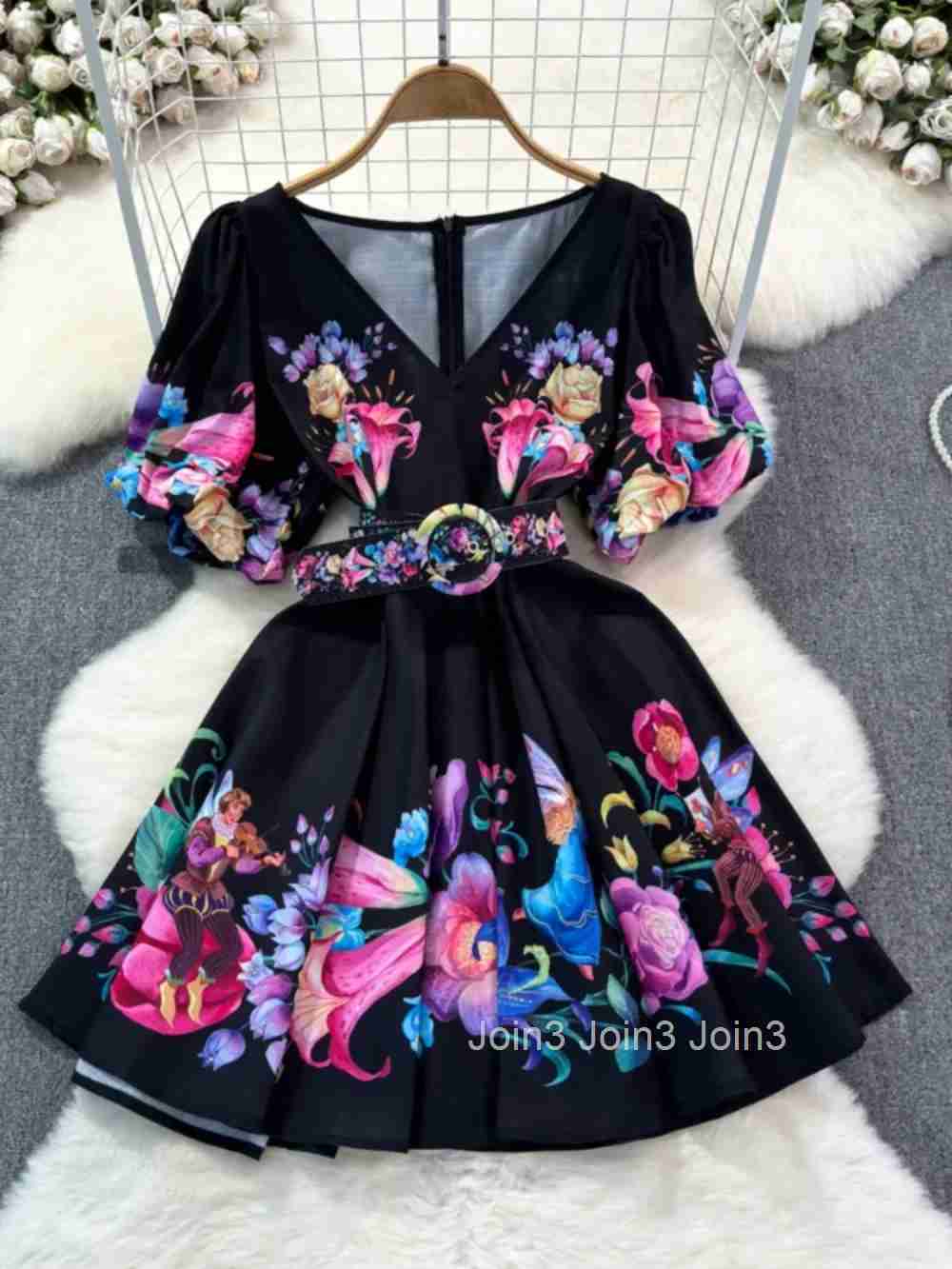 Woman Evening Dress Fashion V Neck Puff Sleeve Mujer Belt Print Vintage Slim Party Dresses Elegant Panelled High Waist Vestidos