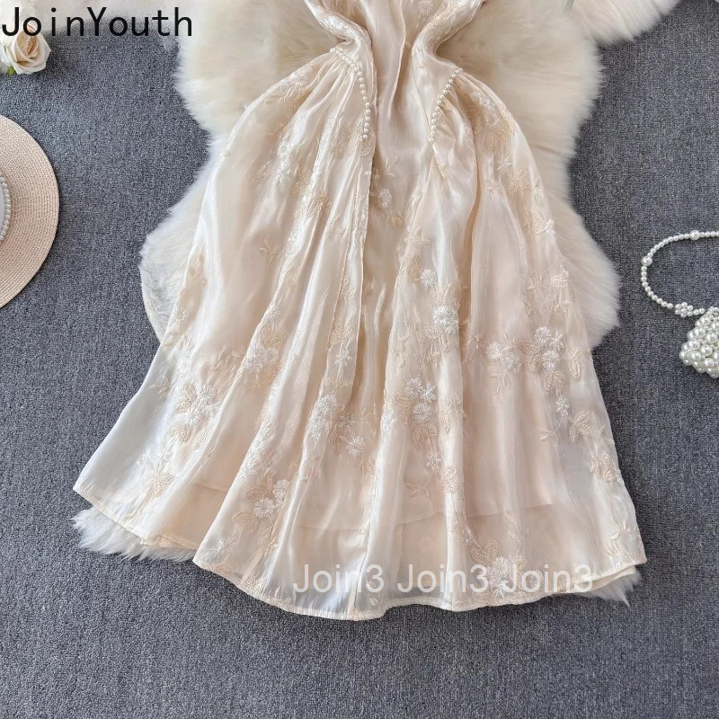 Vintage Womens Dress Heavy Beading Embroidery Vestidos Mujer Temperament Flying Sleeve Robe Femme Chic Beading Summer Dresses