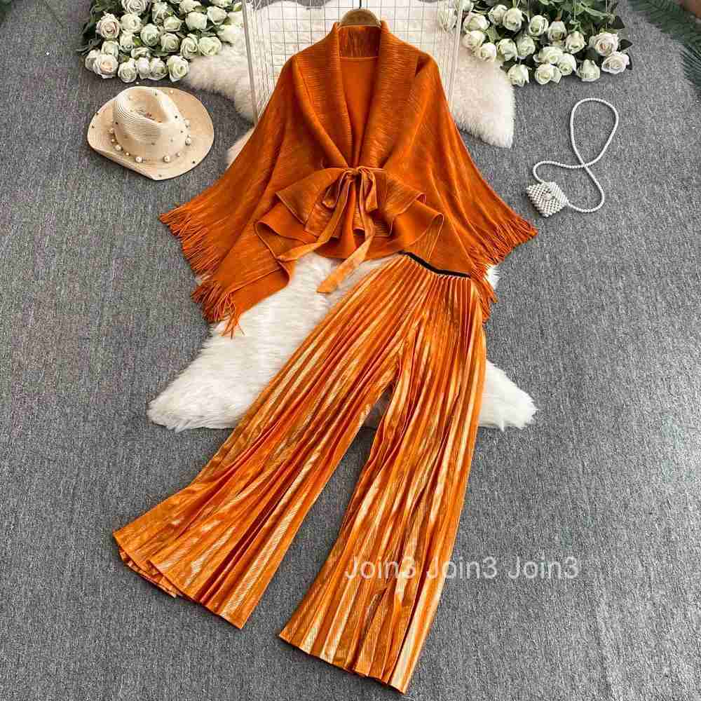 Two Piece Sets Womens Outfits Bandage Tassel Slim Waist Coat High Waist Pleated Wide Leg Pants Suit Roupas Femme Fashion Set