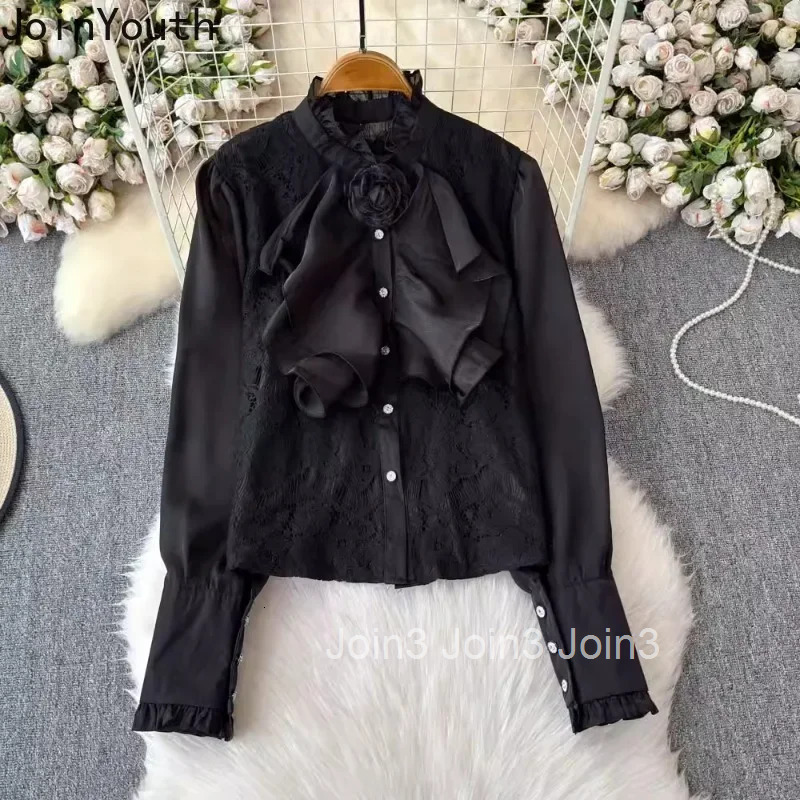 2025 Camisas De Mujer Lace Blouses for Women Stand Neck 3D Floral Shirts Temperament Lady Tops Sweet Ruffles Vintage Chic Blouse