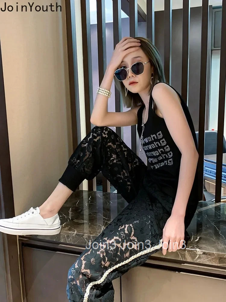Chic Lace Pants Women 2025 New Bottoms High Waist Temperament Sexy Trousers Hollow Out Beading Casual Y2k Pantalon Femme 7m768