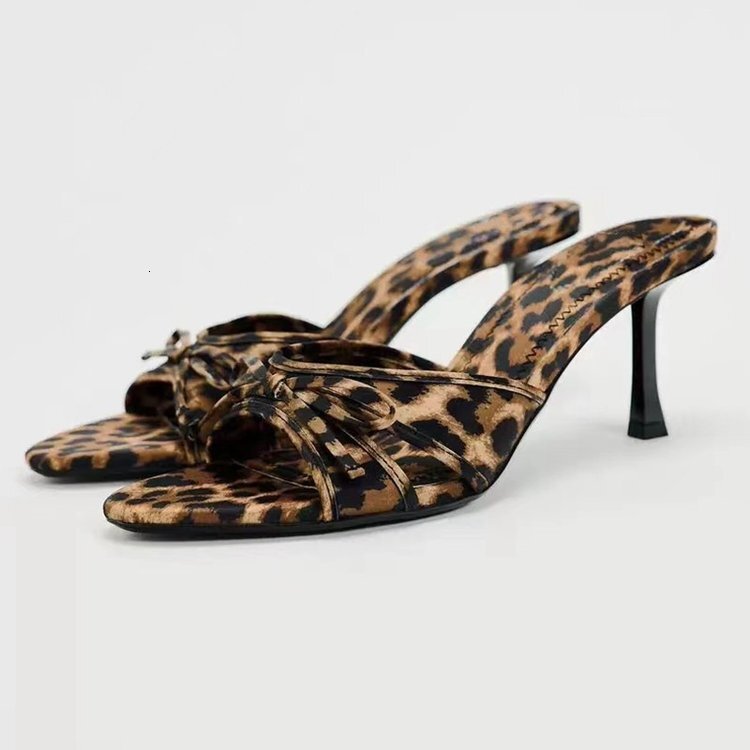 Luxury Brand Designer Shoes Sandals 2024 Spring Summer Women's Shoes Leopard Print Bow Decor Stiletto Heel Open Toe Round Toe High Heel Sandals W