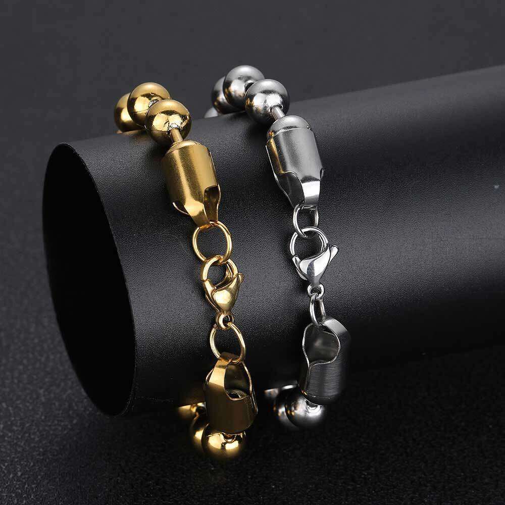8mm Glass Round Bead Chain Stainless Titanium Steel Jewelry Gold Men's Bracelet Accessories 5c98