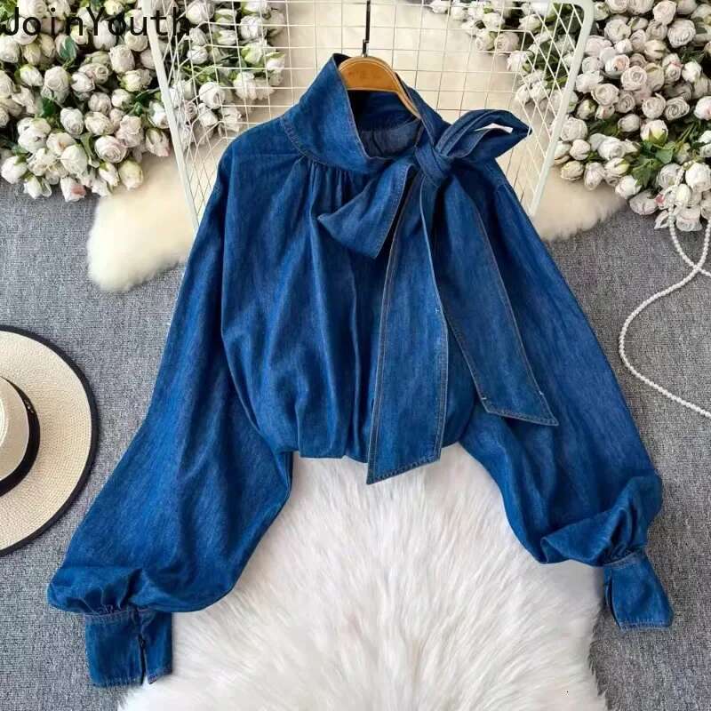 2025 Camisas De Mujer Denim Blouse Womens Clothing Temperament Lady Tops Bandage Bow Loose Fashion Casual Shirts Blouses 63b445