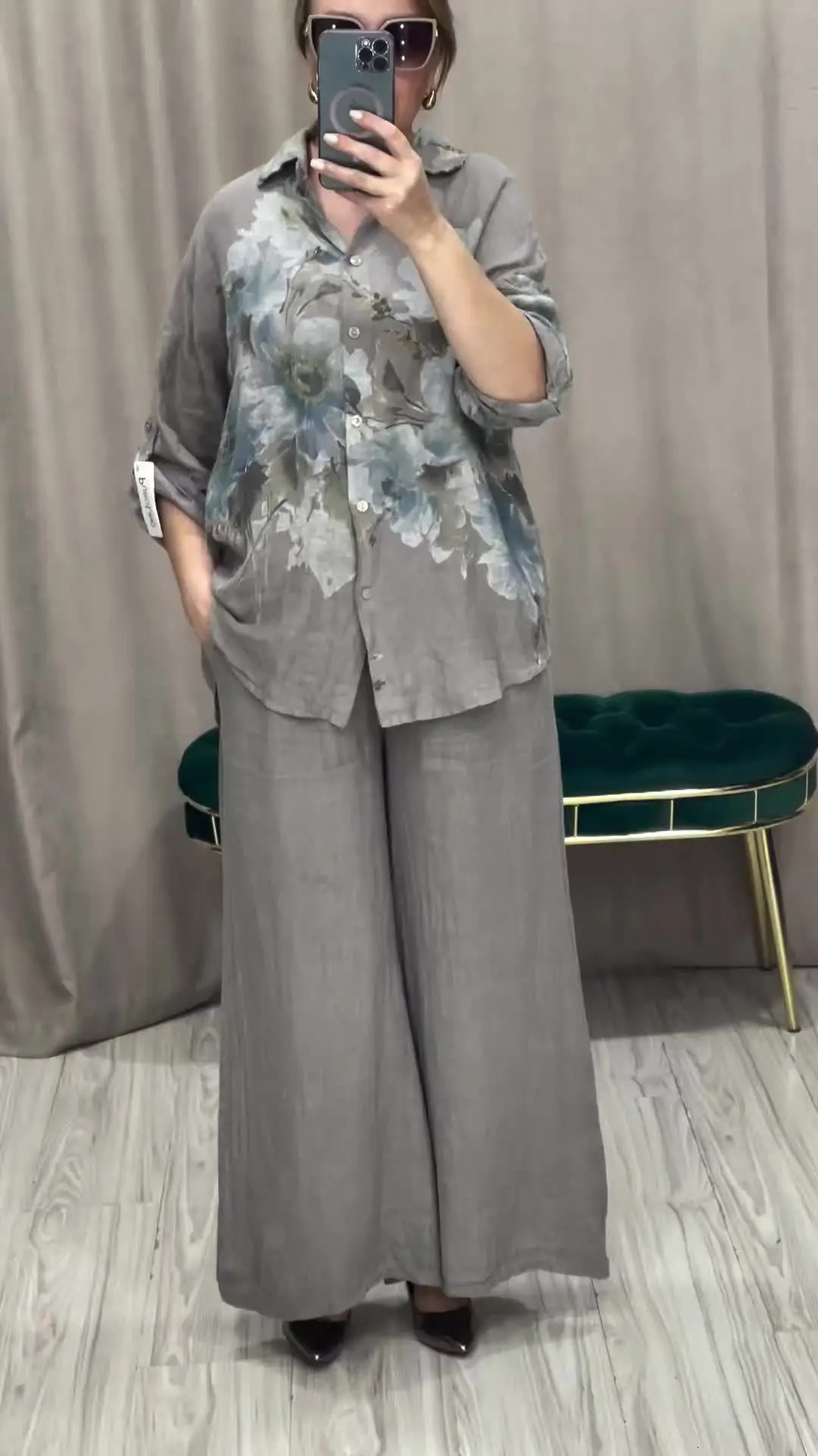 Two Piece Set Islam Muslim Women Tops Flower Print Shirt Wide Leg Pants Suits Ramadan Turkey Modest Ensembles Morocco Outfits 250617