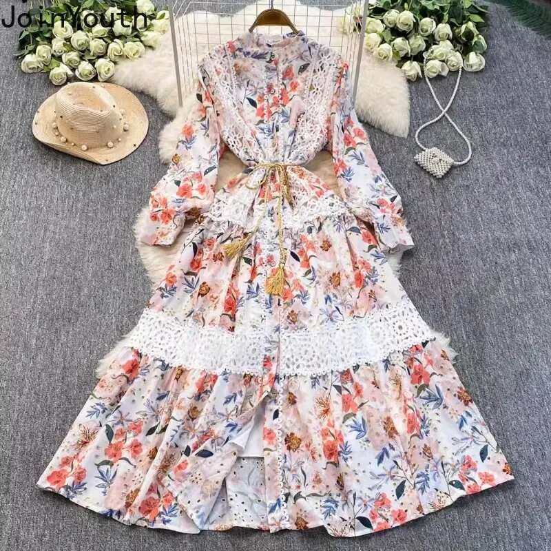 Floral Dress for Women Lace Stand Neck Single Breasted Slim Waist Robe Femme 2025 Vestidos De Mujer Vintage Summer Maxi Dresses