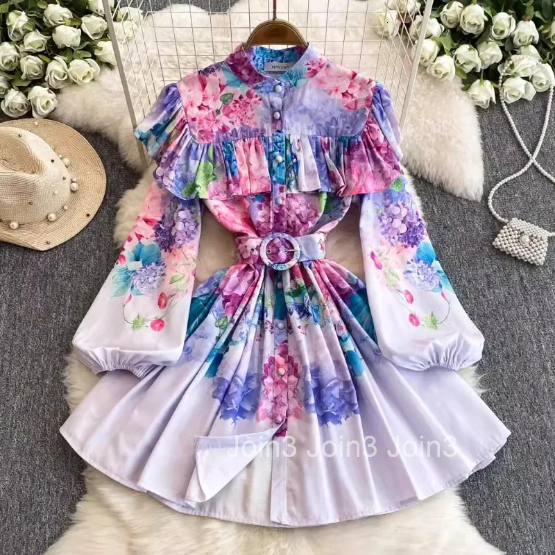 Temperament Woman Dress Floral Summer Robe Femme Stand Neck Lantern Sleeve Ruffles A-line Mini Dresses 2025 Vestidos De Mujer